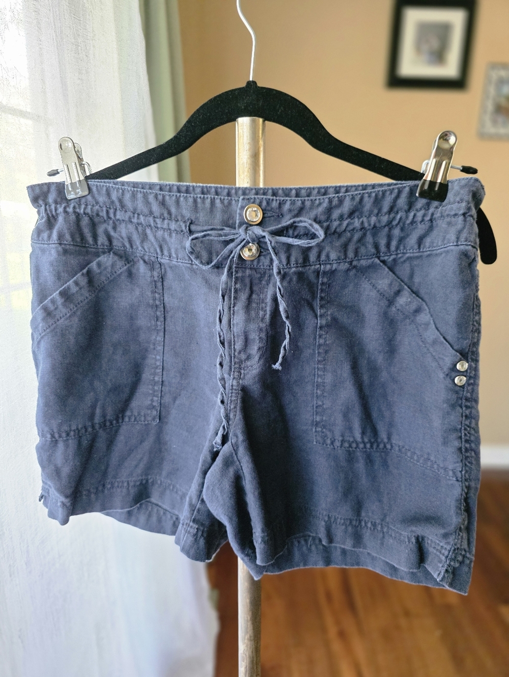 INC Crystal & Drawstring Linen Navy Blue Shorts Comfortable Beachy Vibes - Picture 2 of 7
